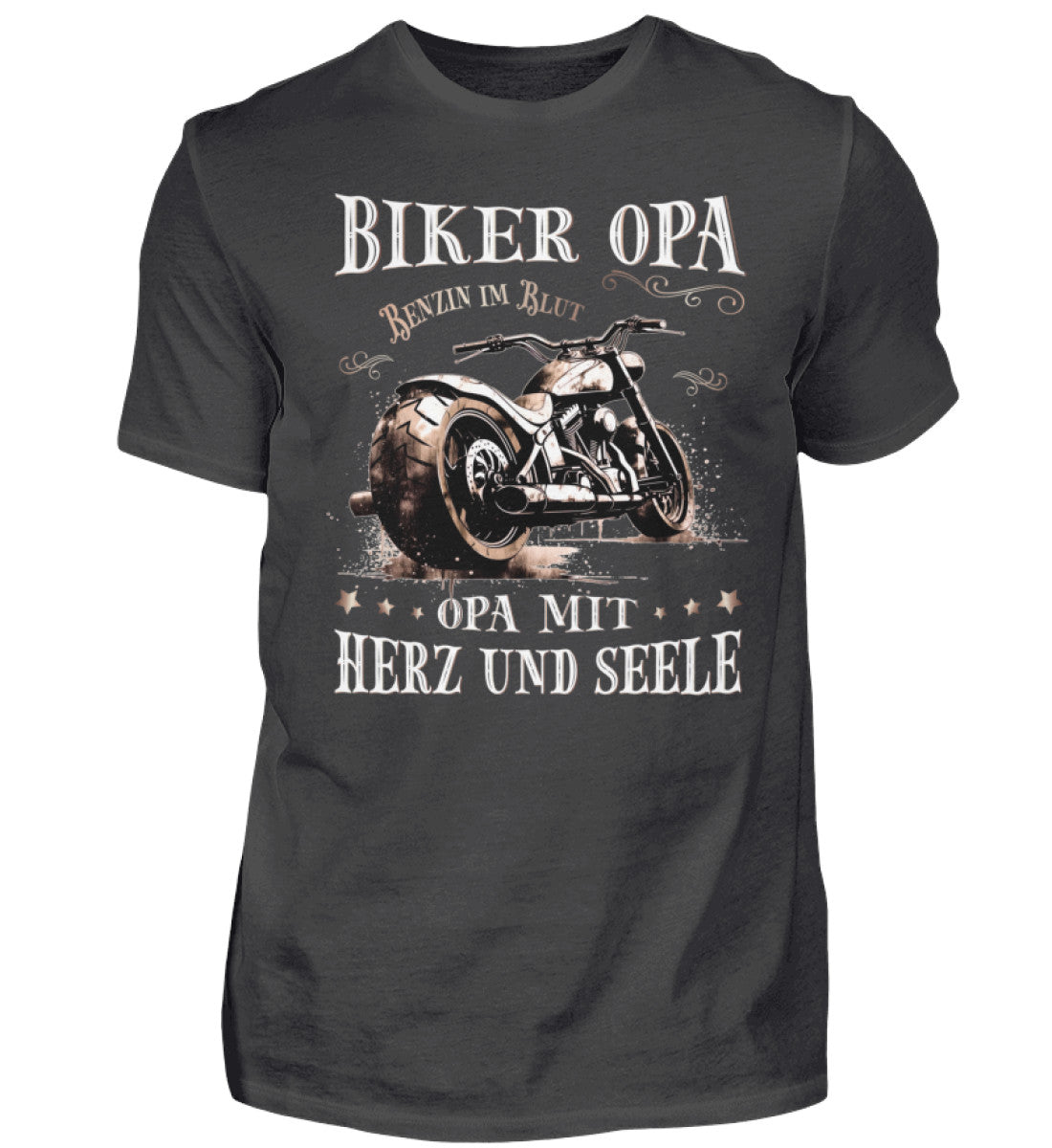 Ein Biker T-Shirt für Motorradfahrer von Wingbikers mit dem Aufdruck, Biker Opa - Benzin im Blut - Opa mit Herz und Seele, in dunkelgrau.