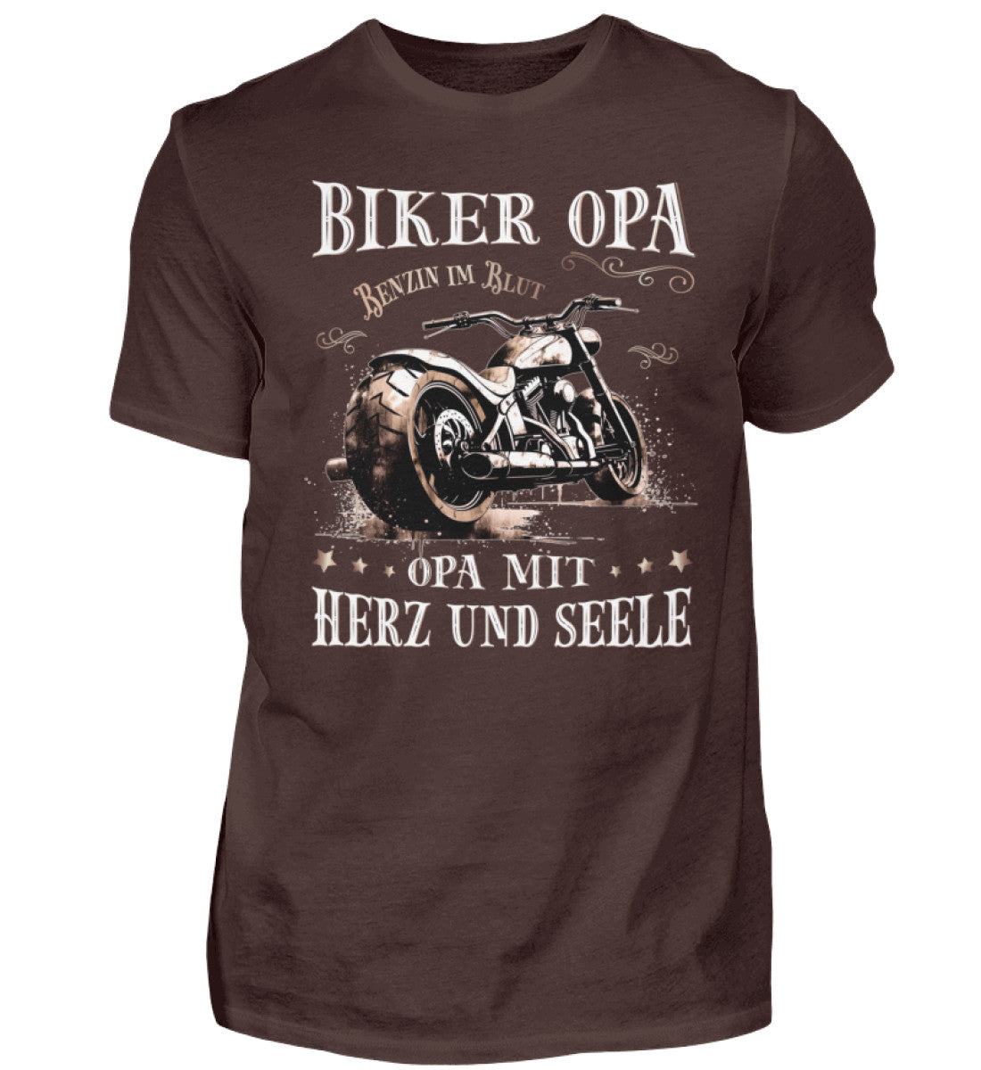 Ein Biker T-Shirt für Motorradfahrer von Wingbikers mit dem Aufdruck, Biker Opa - Benzin im Blut - Opa mit Herz und Seele, in braun.