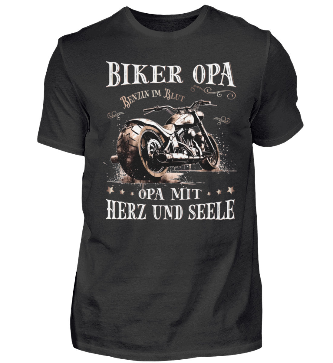 Ein Biker T-Shirt für Motorradfahrer von Wingbikers mit dem Aufdruck, Biker Opa - Benzin im Blut - Opa mit Herz und Seele, in schwarz.