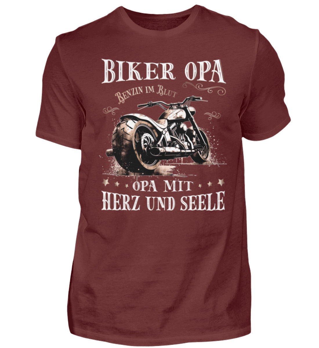 Ein Biker T-Shirt für Motorradfahrer von Wingbikers mit dem Aufdruck, Biker Opa - Benzin im Blut - Opa mit Herz und Seele, in weinrot.