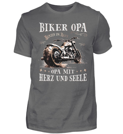 Ein Biker T-Shirt für Motorradfahrer von Wingbikers mit dem Aufdruck, Biker Opa - Benzin im Blut - Opa mit Herz und Seele, in grau.