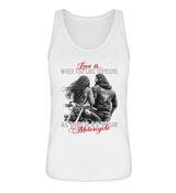 Ein Tanktop für Motorradfahrerinnen von Wingbikers mit dem Aufdruck, Love is... When You Like Someone As Much As Your Motorcycle, in weiß.