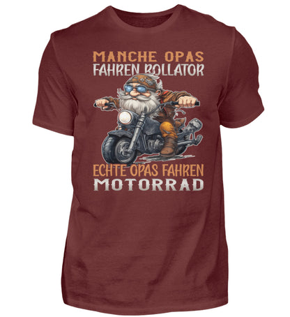 Ein T-Shirt für Motorradfahrer von Wingbikers mit dem Aufdruck, Manche Opas fahren Rollator - Echte Opas fahren Motorrad, in weinrot.