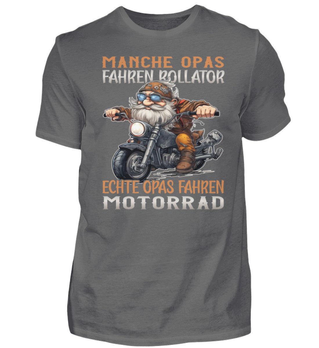 Ein T-Shirt für Motorradfahrer von Wingbikers mit dem Aufdruck, Manche Opas fahren Rollator - Echte Opas fahren Motorrad, in dunkelgrau.
