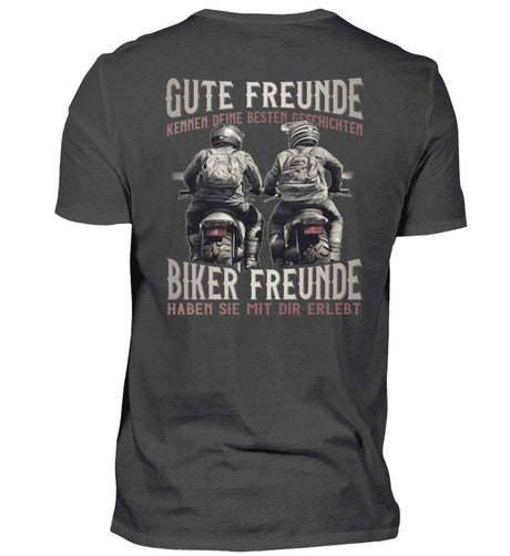 Ein T-Shirt von Wingbikers für Motorradfahrer mit dem Aufdruck, Gute Freunde kenne deine Geschichten - Biker haben sie mit dir erlebt, in dunkelgrau.