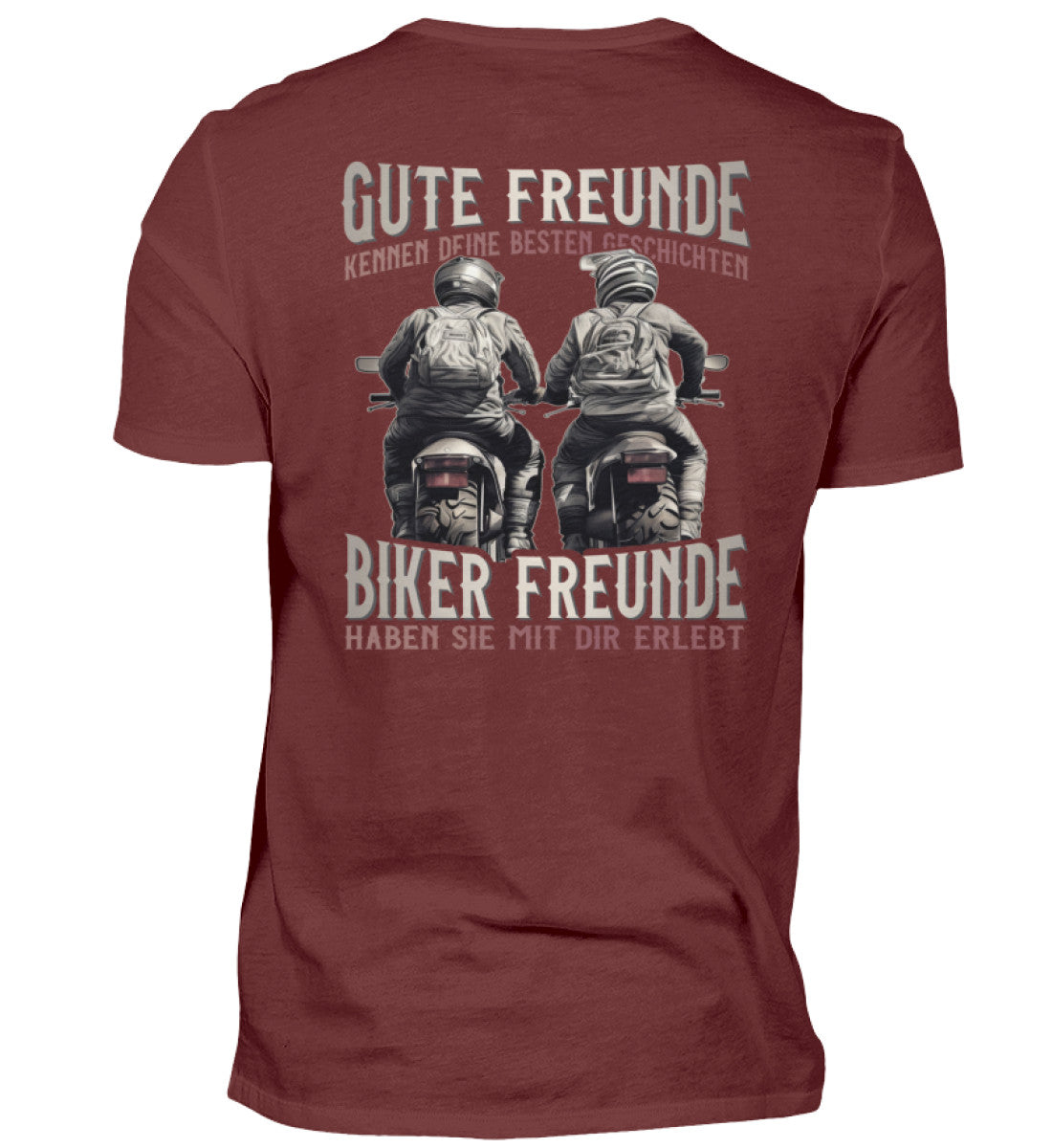 Ein T-Shirt von Wingbikers für Motorradfahrer mit dem Aufdruck, Gute Freunde kenne deine Geschichten - Biker haben sie mit dir erlebt, in weinrot.