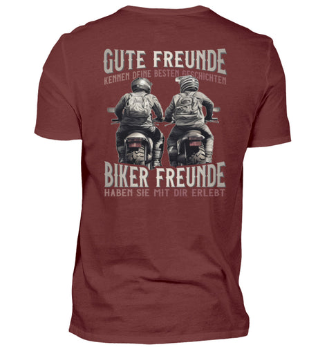 Ein T-Shirt von Wingbikers für Motorradfahrer mit dem Aufdruck, Gute Freunde kenne deine Geschichten - Biker haben sie mit dir erlebt, in weinrot.