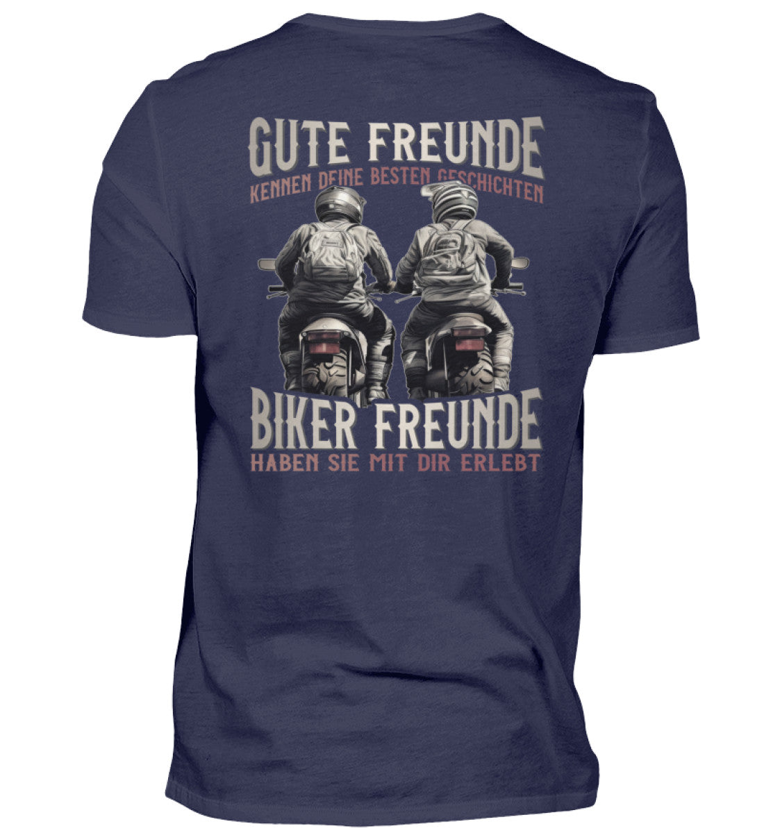 Ein T-Shirt von Wingbikers für Motorradfahrer mit dem Aufdruck, Gute Freunde kenne deine Geschichten - Biker haben sie mit dir erlebt, in navy blau. 