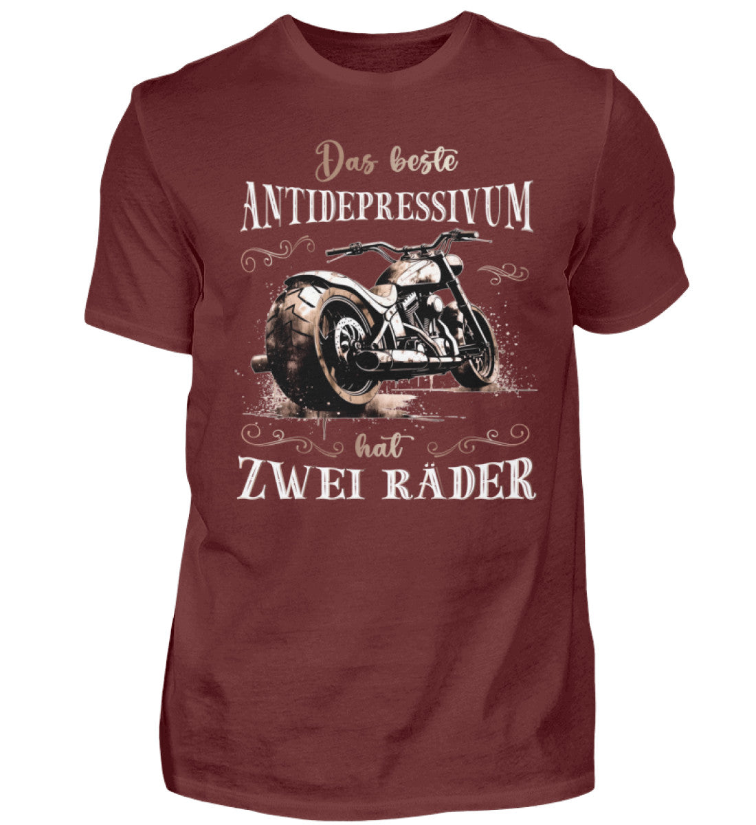 Ein Biker T-Shirt für Motorradfahrer von Wingbikers mit dem Aufdruck, Das beste Antidepressivum hat zwei Räder, in weinrot.