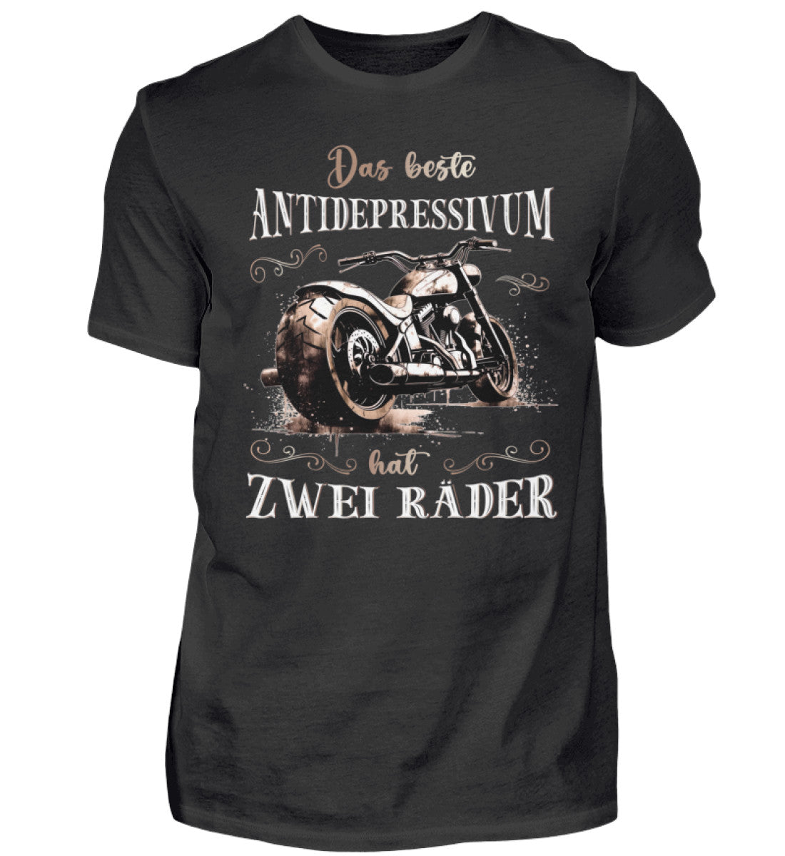 Ein Biker T-Shirt für Motorradfahrer von Wingbikers mit dem Aufdruck, Das beste Antidepressivum hat zwei Räder, in schwarz.