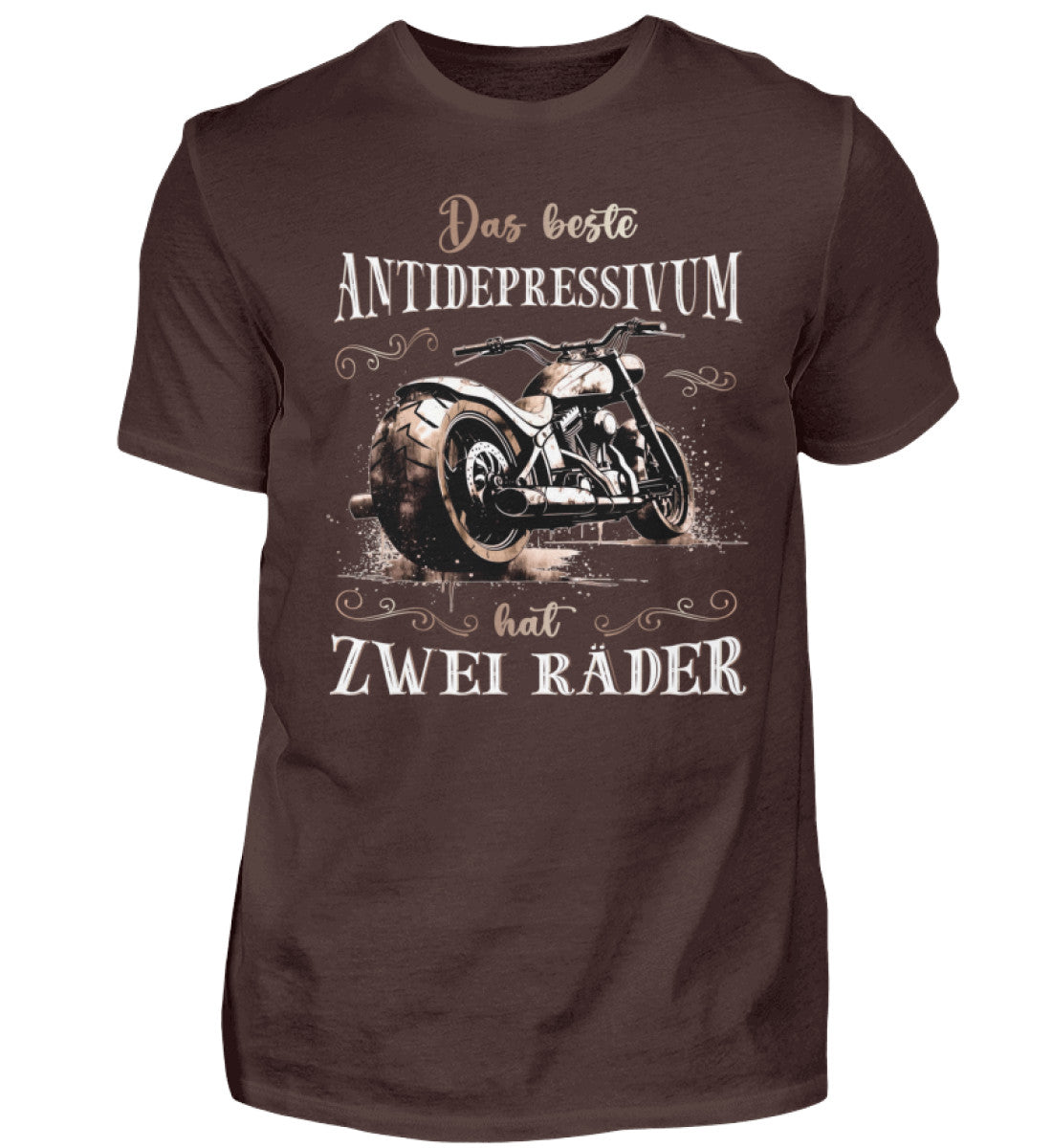 Ein Biker T-Shirt für Motorradfahrer von Wingbikers mit dem Aufdruck, Das beste Antidepressivum hat zwei Räder, in braun.