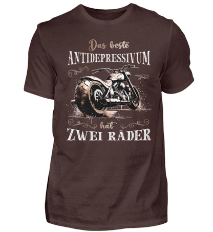 Ein Biker T-Shirt für Motorradfahrer von Wingbikers mit dem Aufdruck, Das beste Antidepressivum hat zwei Räder, in braun.