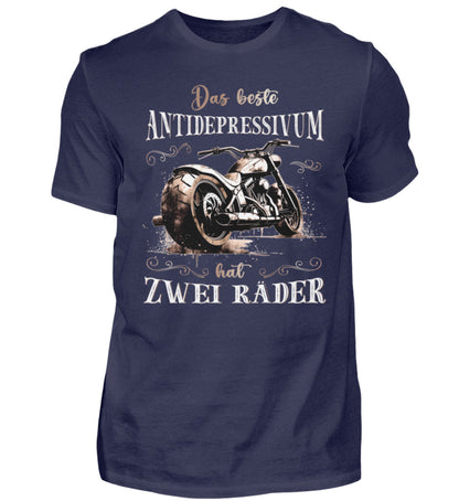 Ein Biker T-Shirt für Motorradfahrer von Wingbikers mit dem Aufdruck, Das beste Antidepressivum hat zwei Räder, in navy blau.