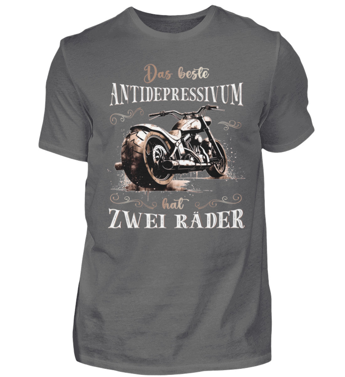 Ein Biker T-Shirt für Motorradfahrer von Wingbikers mit dem Aufdruck, Das beste Antidepressivum hat zwei Räder, in grau.