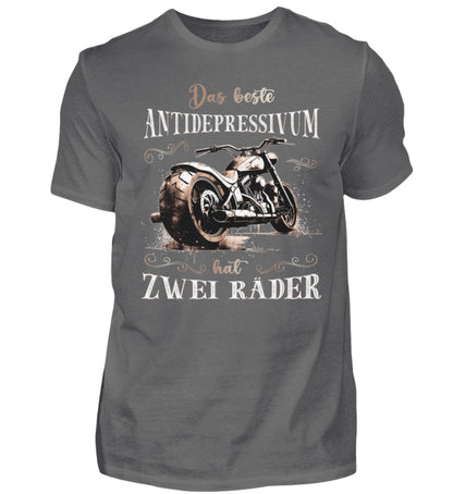 Ein Biker T-Shirt für Motorradfahrer von Wingbikers mit dem Aufdruck, Das beste Antidepressivum hat zwei Räder, in grau.