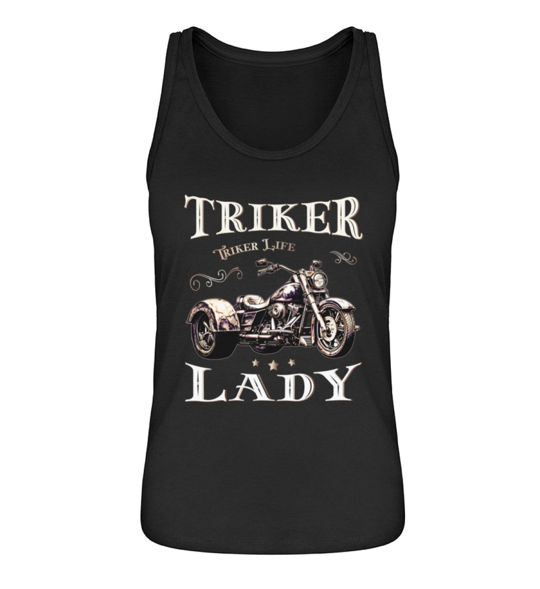 Ein Tanktop für Trike Fahrerinnen von Wingbikers mit dem Aufdruck, Triker Lady - Triker Life, im vintage Stil, in schwarz.