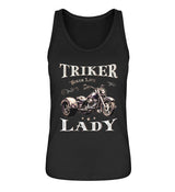 Ein Tanktop für Trike Fahrerinnen von Wingbikers mit dem Aufdruck, Triker Lady - Triker Life, im vintage Stil, in schwarz.