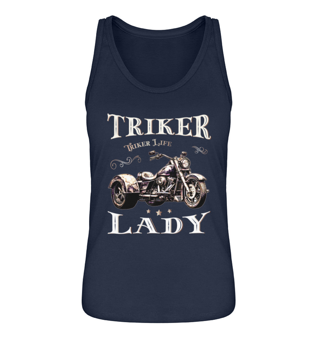 Ein Tanktop für Trike Fahrerinnen von Wingbikers mit dem Aufdruck, Triker Lady - Triker Life, im vintage Stil, in navy blau.