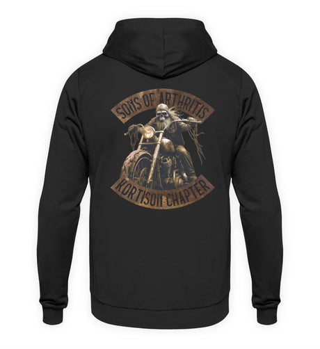 Eine Hoodie für Motorradfahrer von Wingbikers mit dem Aufdruck, Sons of Arthritis - Kortison Chapter, in schwarz.