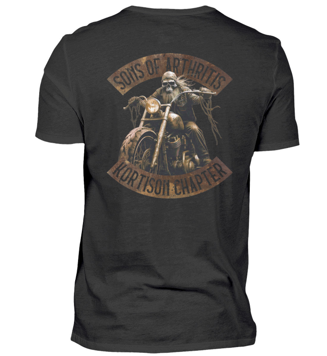 Ein T-Shirt für Motorradfahrer von Wingbikers mit dem Aufdruck, Sons of Arthritis - Kortison Chapter, in schwarz. 