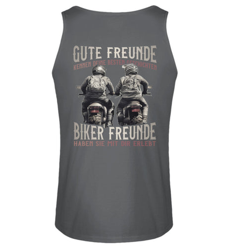 Ein Tanktop von Wingbikers für Motorradfahrer mit dem Aufdruck, Gute Freunde kenne deine Geschichten - Biker haben sie mit dir erlebt, in dunkelgrau.