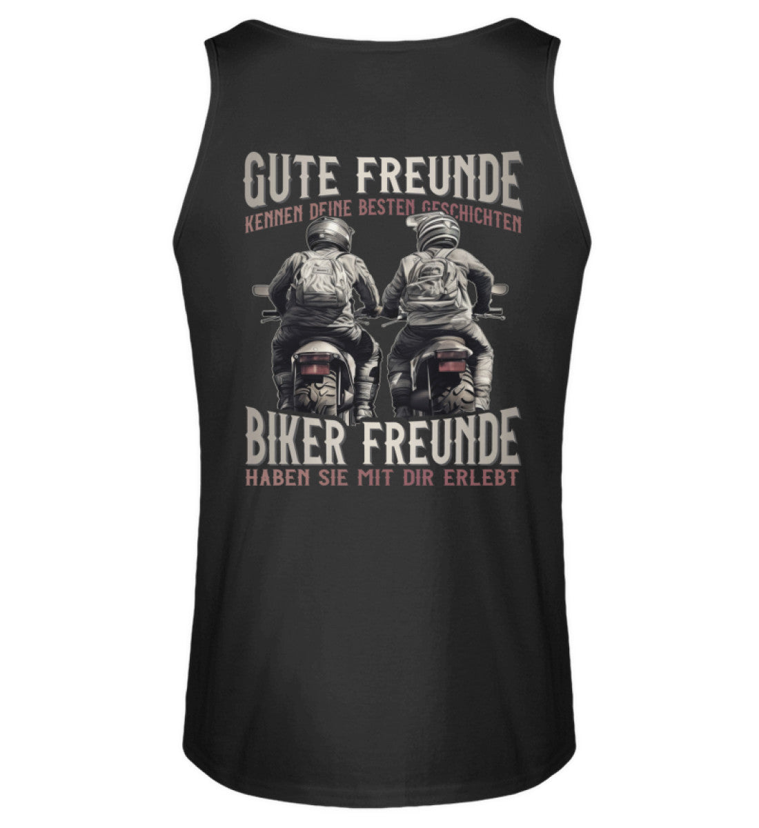 Ein Tanktop von Wingbikers für Motorradfahrer mit dem Aufdruck, Gute Freunde kenne deine Geschichten - Biker haben sie mit dir erlebt, in schwarz.