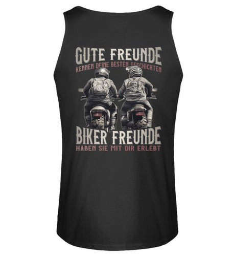 Ein Tanktop von Wingbikers für Motorradfahrer mit dem Aufdruck, Gute Freunde kenne deine Geschichten - Biker haben sie mit dir erlebt, in schwarz.