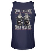 Ein Tanktop von Wingbikers für Motorradfahrer mit dem Aufdruck, Gute Freunde kenne deine Geschichten - Biker haben sie mit dir erlebt, in navy blau.