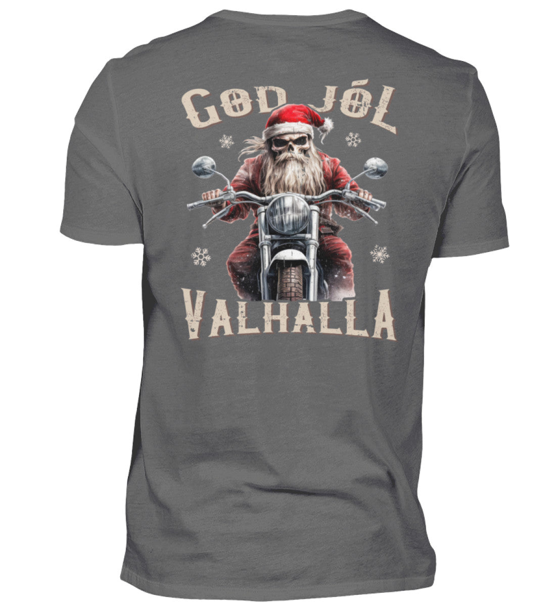 Ein weihnachtliches Biker T-Shirt für Motorradfahrer von Wingbikers mit dem Aufdruck, God Jól Valhalla, mit Back Print - in dunkelgrau.