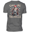 Ein weihnachtliches Biker T-Shirt für Motorradfahrer von Wingbikers mit dem Aufdruck, God Jól Valhalla, mit Back Print - in dunkelgrau.