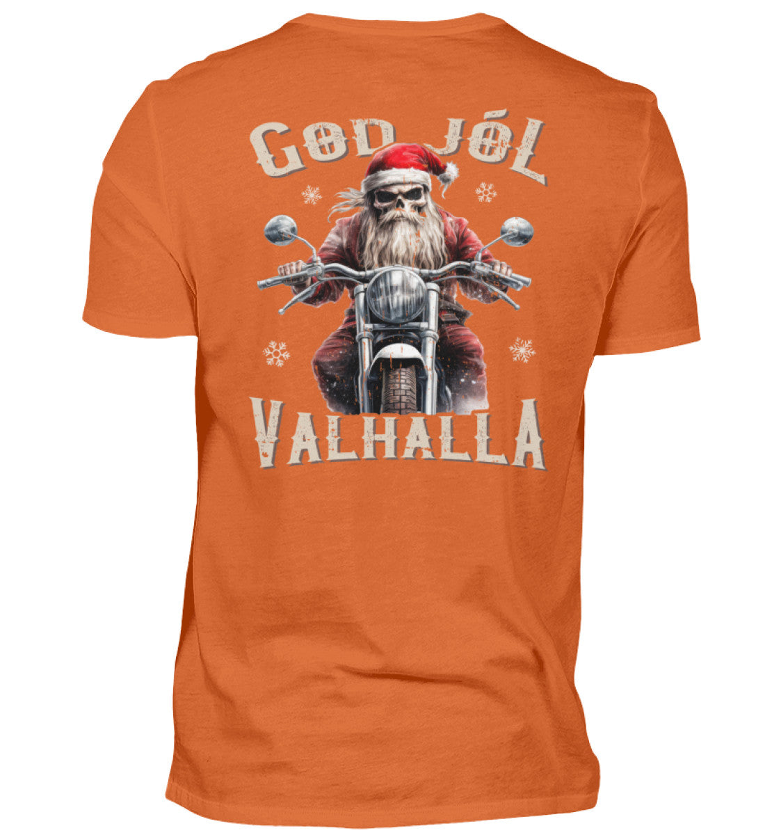 Ein weihnachtliches Biker T-Shirt für Motorradfahrer von Wingbikers mit dem Aufdruck, God Jól Valhalla, mit Back Print - in orange.