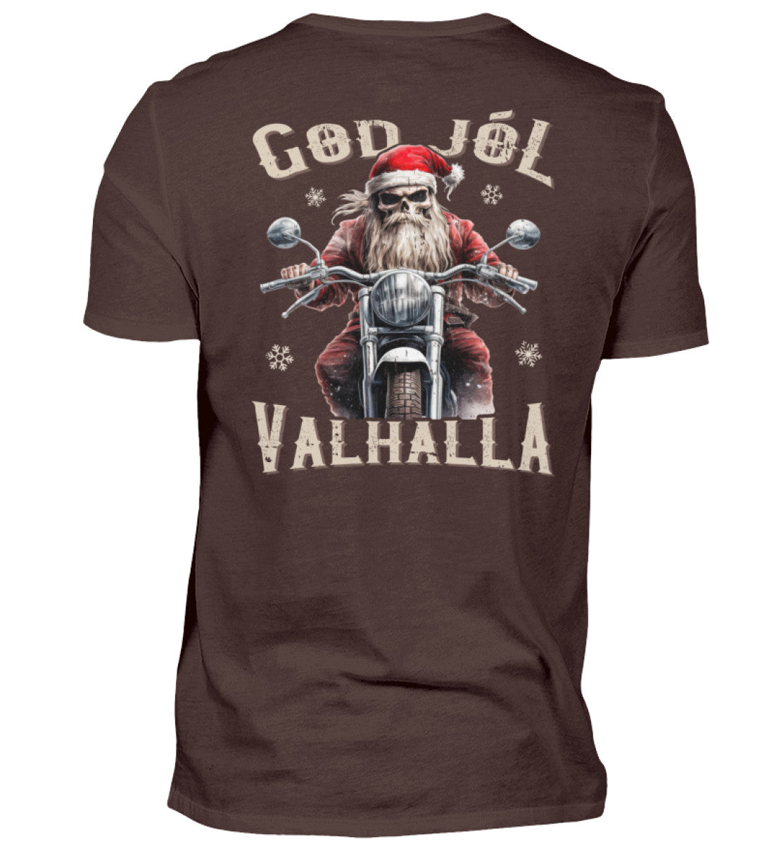 Ein weihnachtliches Biker T-Shirt für Motorradfahrer von Wingbikers mit dem Aufdruck, God Jól Valhalla, mit Back Print - in braun.