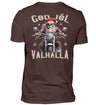 Ein weihnachtliches Biker T-Shirt für Motorradfahrer von Wingbikers mit dem Aufdruck, God Jól Valhalla, mit Back Print - in braun.