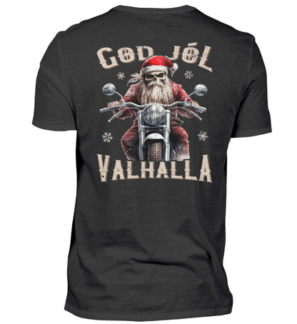 Ein weihnachtliches Biker T-Shirt für Motorradfahrer von Wingbikers mit dem Aufdruck, God Jól Valhalla, mit Back Print - in schwarz.