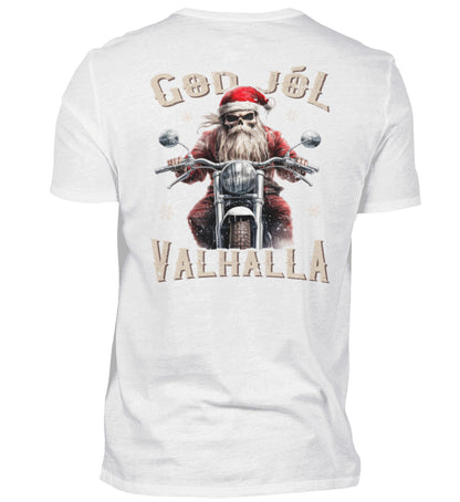 Ein weihnachtliches Biker T-Shirt für Motorradfahrer von Wingbikers mit dem Aufdruck, God Jól Valhalla, mit Back Print - in weiß.