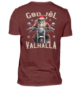 Ein weihnachtliches Biker T-Shirt für Motorradfahrer von Wingbikers mit dem Aufdruck, God Jól Valhalla, mit Back Print - in weinrot.