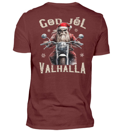 Ein weihnachtliches Biker T-Shirt für Motorradfahrer von Wingbikers mit dem Aufdruck, God Jól Valhalla, mit Back Print - in weinrot.