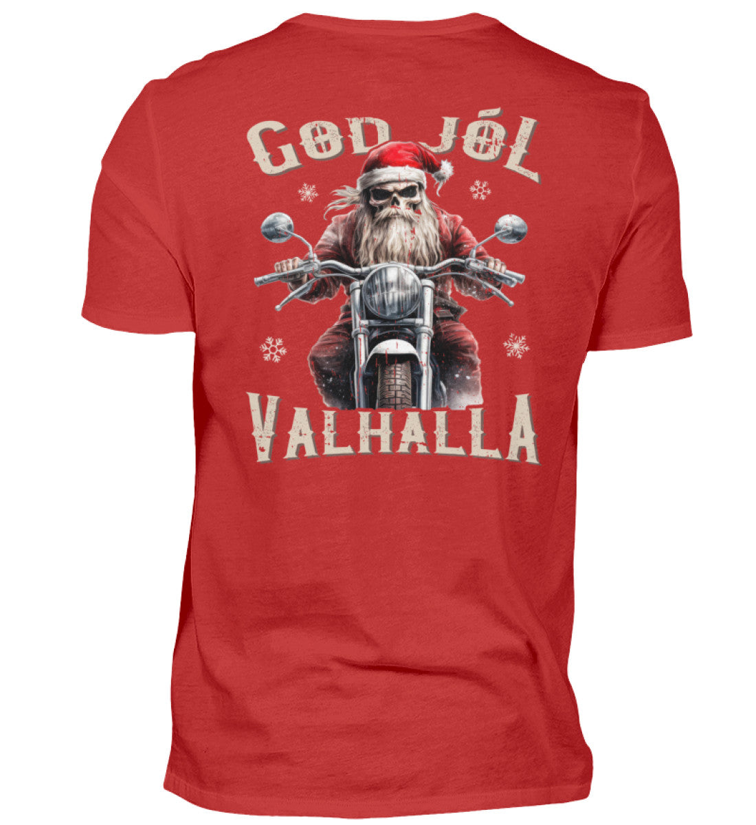 Ein weihnachtliches Biker T-Shirt für Motorradfahrer von Wingbikers mit dem Aufdruck, God Jól Valhalla, mit Back Print - in rot.