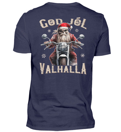 Ein weihnachtliches Biker T-Shirt für Motorradfahrer von Wingbikers mit dem Aufdruck, God Jól Valhalla, mit Back Print - in navy blau.