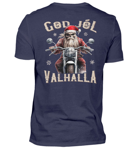 Ein weihnachtliches Biker T-Shirt für Motorradfahrer von Wingbikers mit dem Aufdruck, God Jól Valhalla, mit Back Print - in navy blau.