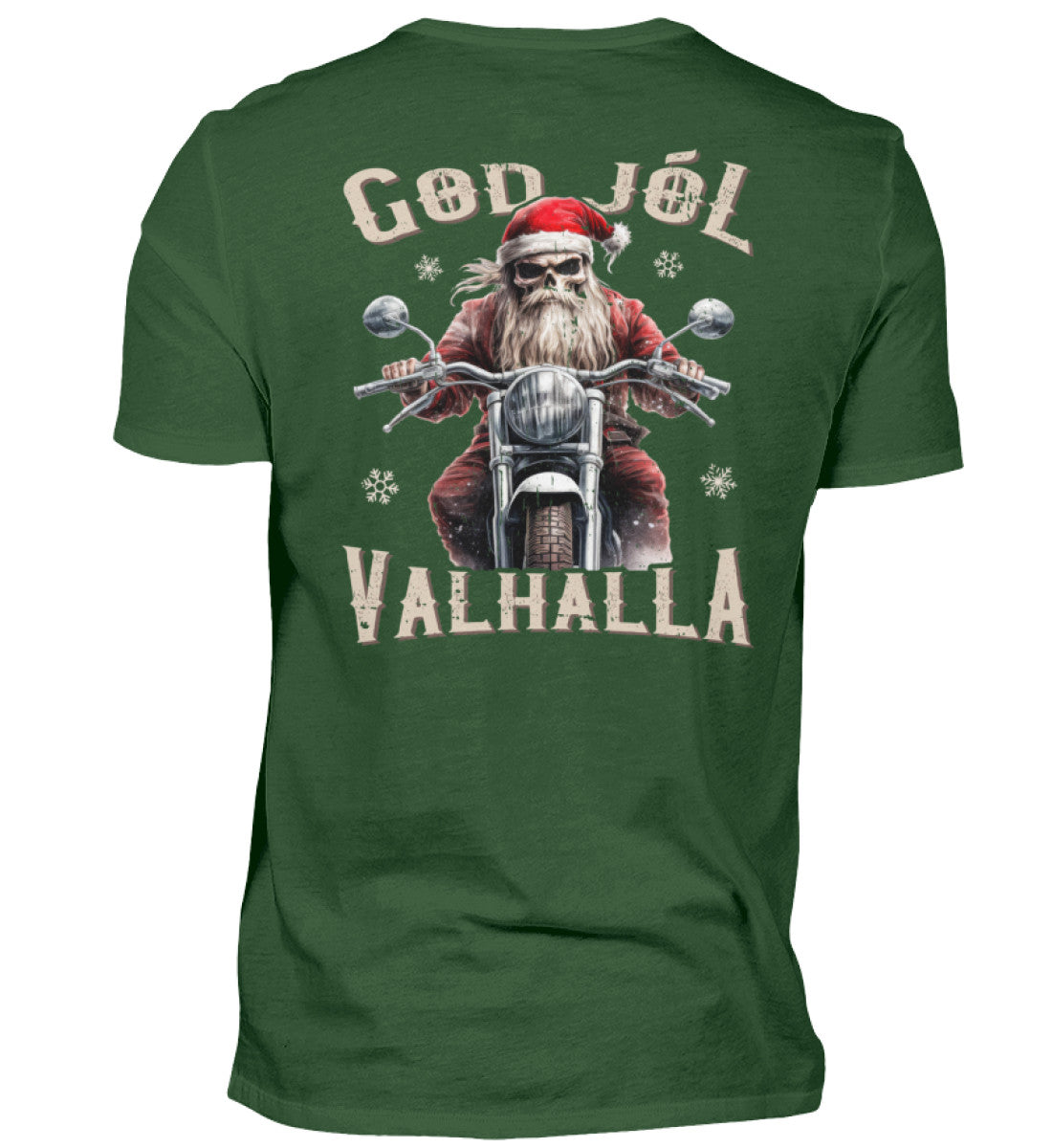 Ein weihnachtliches Biker T-Shirt für Motorradfahrer von Wingbikers mit dem Aufdruck, God Jól Valhalla, mit Back Print - in dunkelgrün.