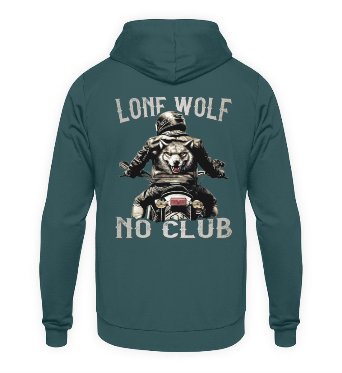 Ein Biker Hoodie für Motorradfahrer von Wingbikers mit dem Aufdruck, Lone Wolf - No Club, als Back Print, in petrol türkis.