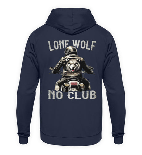 Ein Biker Hoodie für Motorradfahrer von Wingbikers mit dem Aufdruck, Lone Wolf - No Club, als Back Print, in navy blau.