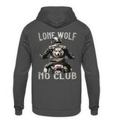 Ein Biker Hoodie für Motorradfahrer von Wingbikers mit dem Aufdruck, Lone Wolf - No Club, als Back Print, in dunkelgrau.