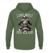 Ein Biker Hoodie für Motorradfahrer von Wingbikers mit dem Aufdruck, Lone Wolf - No Club, als Back Print, in erdgrün.