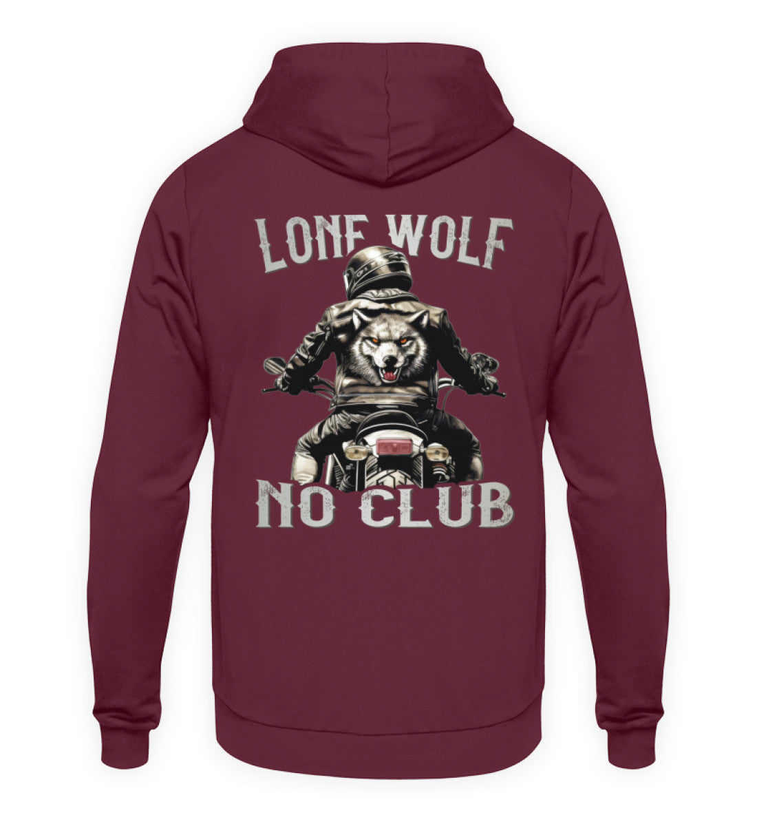 Ein Biker Hoodie für Motorradfahrer von Wingbikers mit dem Aufdruck, Lone Wolf - No Club, als Back Print, in burgunder weinrot.