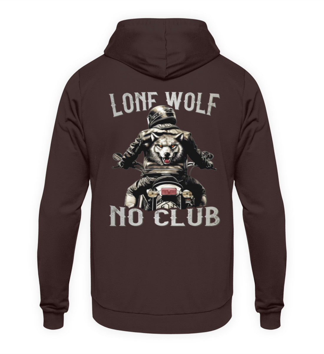 Ein Biker Hoodie für Motorradfahrer von Wingbikers mit dem Aufdruck, Lone Wolf - No Club, als Back Print, in braun.