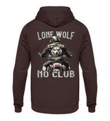 Ein Biker Hoodie für Motorradfahrer von Wingbikers mit dem Aufdruck, Lone Wolf - No Club, als Back Print, in braun.