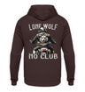 Ein Biker Hoodie für Motorradfahrer von Wingbikers mit dem Aufdruck, Lone Wolf - No Club, als Back Print, in braun.