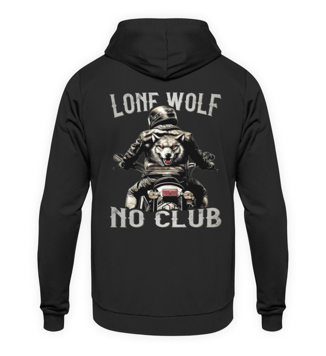 Ein Biker Hoodie für Motorradfahrer von Wingbikers mit dem Aufdruck, Lone Wolf - No Club, als Back Print, in schwarz.